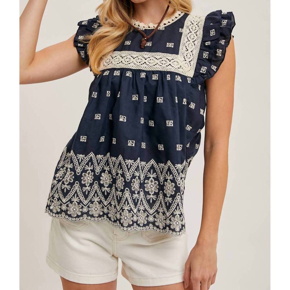 NEW BLUIVY boho floral embroidered baby doll blouse in navy